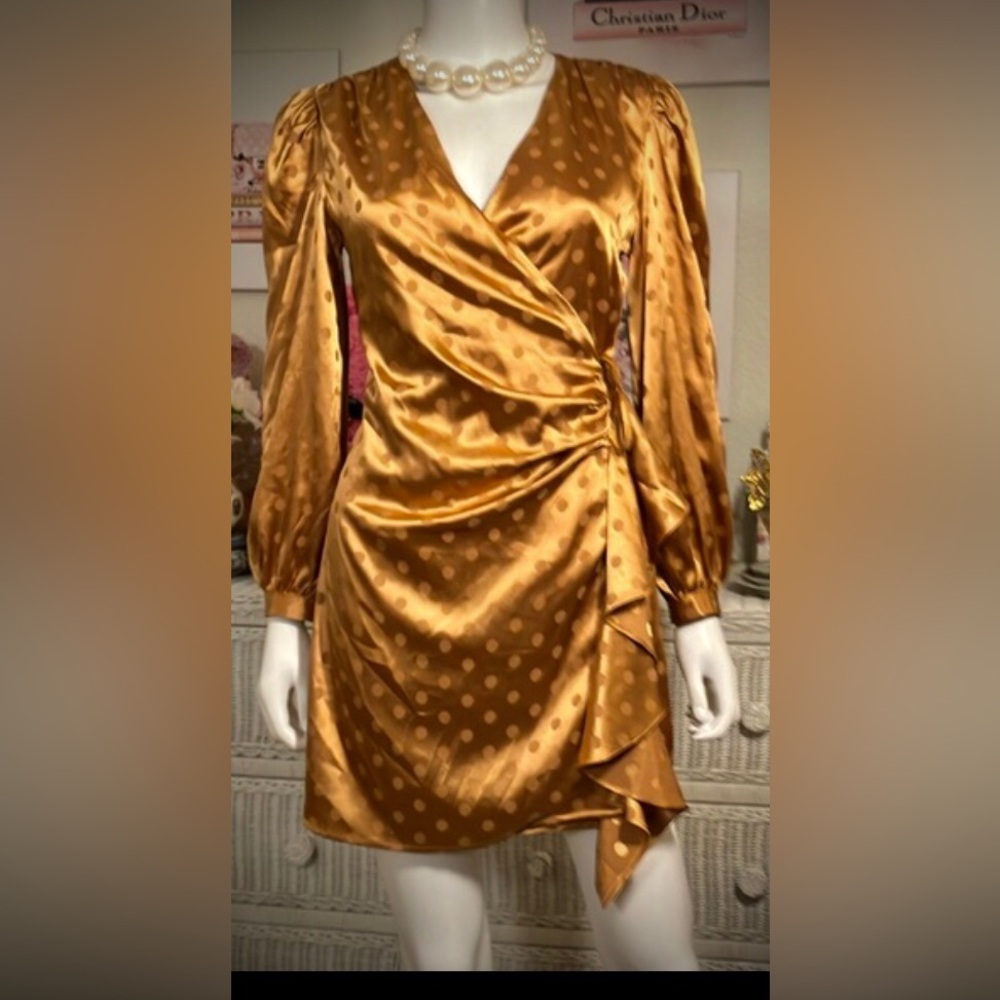 Moodie Gold Polka Dot Mini Wrap Dress Long Puffy Sleeves Low Cut Size S